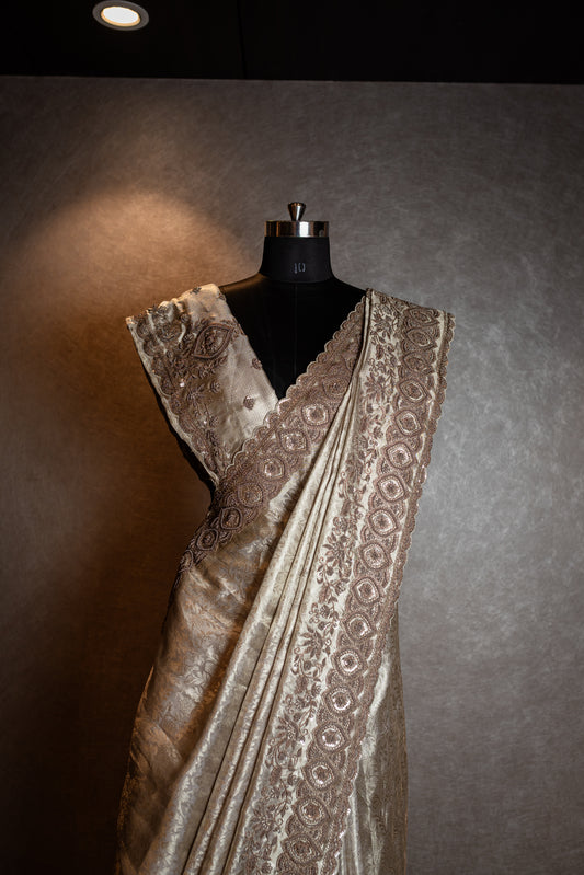 SILVER EXQUISITE HANDCRAFTED PURE BROCADE SAREE SS-1028