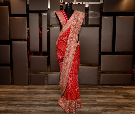 RED PURE BANDHANI EMBROIDERED SAREE GH-277