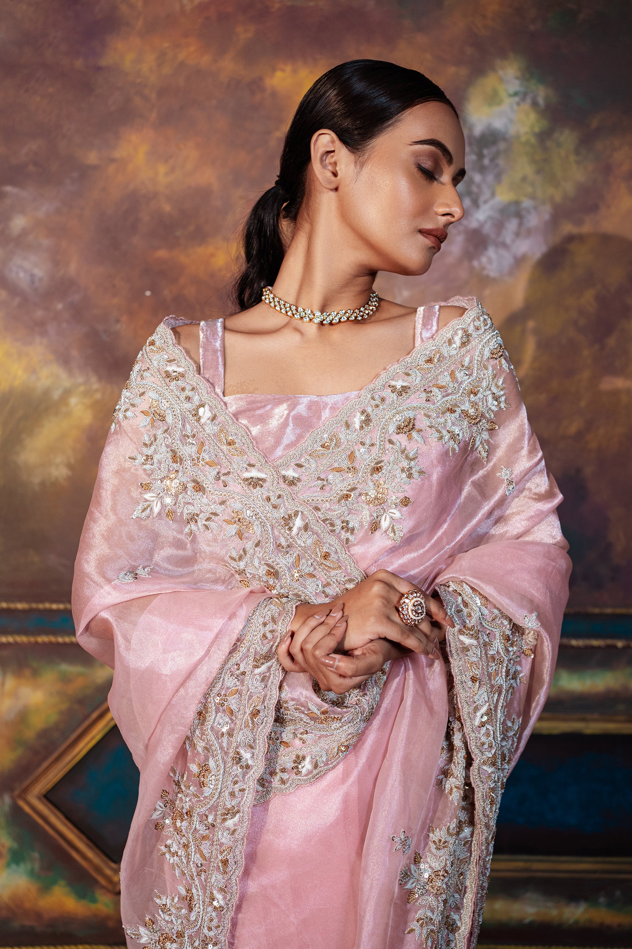 Blush Pink Ready To Drape Saree With Floral Lace in Net-Organza With Blouse  in Sequins-Salli Work - Aara Couture