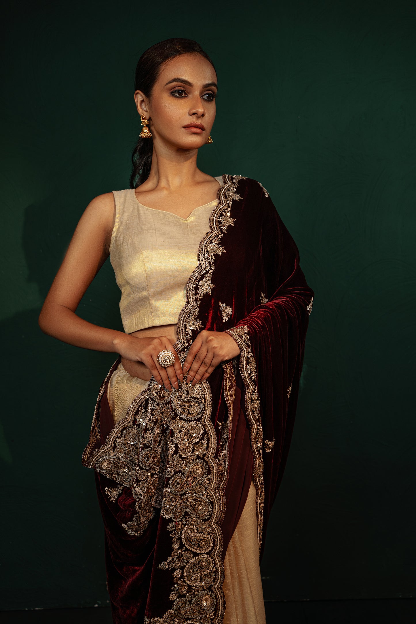 Velvety Maroon & Textured Beige Saree