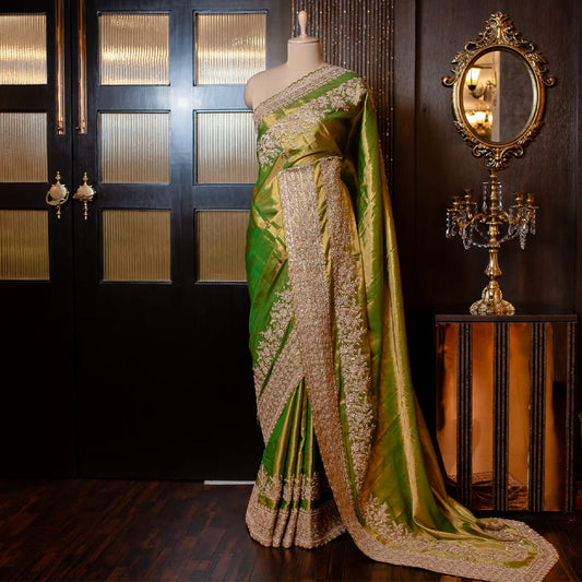 A GREEN PURE KANCHI TISSUE EMBROIDERED SAREE SS 937